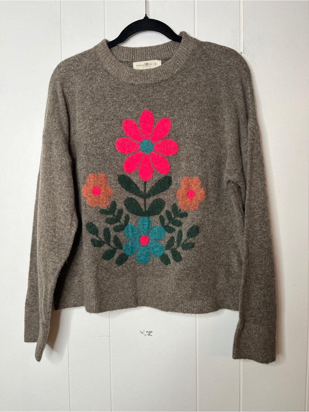 Natural Life Boxy Intarsia Crewneck Sweater with Pink & Teal Floral Size M